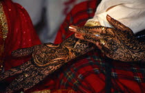 India, Religion, Wedding, cropped shot of hands decorated with henna pattern for Hindu wedding.