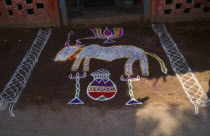 India, Tamil Nadu, Pongal festival, four day festival to mark the end of harvest, painted decoration on ground in front of doorway of house.