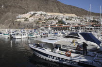Spain, Canary Islands, Tenerife, Los Gigantes, view across marina with boats moored.