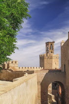 Spain, Extremadura, Badajoz, Alcazaba walls with Espantaperros tower.