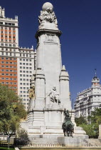 Spain, Madrid, Plaza de Espana, statues of Cervantes, Don Quixote and Sancho Panza,