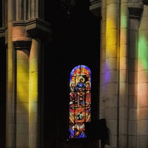 Spain, Madrid, Stained glass window in the Cathedral Santa Maria la Real de La Almudena.