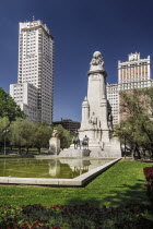 Spain, Madrid, Plaza de Espana, statues of Cervantes, Don Quixote and Sancho Panza,