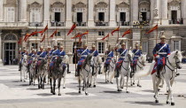 Spain, Madrid, Palacio Real, Royal Palace Guards on parade.