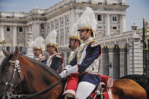 Spain, Madrid, Palacio Real, Royal Palace Guards on parade.
