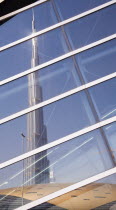 United Arab Emirates, Dubai, Glass reflection of Burj Khalifa tower.