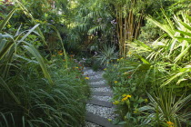 Urban garden with pebble path and railway sleepers.