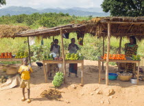 Burundi, Cibitoke Province,  Buganda Commune, Market stall selling vegetables beside the road.