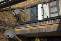 England, West Sussex, Bognor Regis, Satelite dishes on exterior of flats.