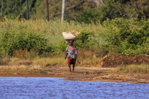 Gambia, Woman walking bare footed towards water carrying straw on her head.