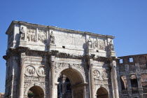 Italy, Lazio, Rome, The Arch of Constantine with the Coliseum behind.