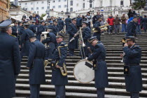 Italy, Lazio, Rome, Military Brass band playing on the Spanish Steps during Sunday.