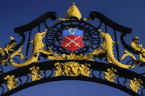 Ireland, Derry, St Columb's Cathedral, Ornate gateway detail with coat of arms.