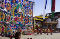 Bhutan, Gangtey Gompa, Thongdroel religious tapestry hanging from wall at the inauguration of new temple.