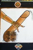 Bhutan, House decorated with mural depicting large hairy phallus held in a  womans hand.