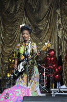 Music, Strings, Guitars, Shingai Shoniwa of the Noisettes playing bass at Guilfest 2011.