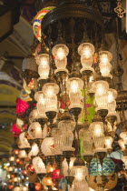 Turkey, Istanbul, Fatih, Sultanahmet, Kapalicarsi, Ornate lamps display in the Grand Bazaar.