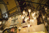 Turkey, Istanbul, Fatih, Sultanahmet, Kapalicarsi, Ornate lamps display in the Grand Bazaar.