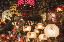 Turkey, Istanbul, Fatih, Sultanahmet, Kapalicarsi, Ornate lamps display in the Grand Bazaar.