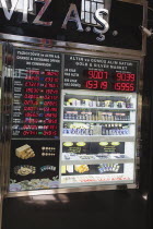 Turkey, Istanbul, Fatih, Sultanahmet, Kapalicarsi, Gold shop displaying prices of precious metals in the Grand Bazaar.