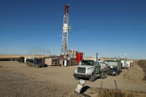 Canada, Alberta, Del Bonita, CanElson Drilling Inc of Calgary fracking for tight shale oil in a wheat field at the edge of the Baaken play.