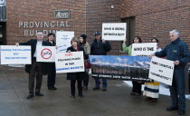 Canada, Alberta, Cardston, Anti-fracking protestators demonstrate outside the Alberta Provincial Court in support of Lois Frank, arrested and charged under the criminal code for intimidation and block...