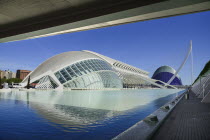 Spain, Valencia Province, Valencia, La Ciudad de las Artes y las Ciencias, City of Arts and Sciences, L'Hemisferic, Principe Felipe Science Museum, El Pont de l'Assut de l'Or Bridge and Agora.