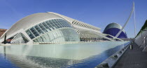 Spain, Valencia Province, Valencia, La Ciudad de las Artes y las Ciencias, City of Arts and Sciences, L'Hemisferic, Principe Felipe Science Museum, El Pont de l'Assut de l'Or Bridge and Agora.