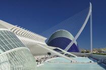 Spain, Valencia Province, Valencia, La Ciudad de las Artes y las Ciencias, City of Arts and Sciences, L'Hemisferic, Principe Felipe Science Museum, El Pont de l'Assut de l'OrBridge and Agora.