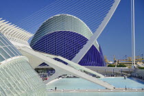 Spain, Valencia Province, Valencia, La Ciudad de las Artes y las Ciencias, City of Arts and Sciences, L'Hemisferic, Principe Felipe Science Museum, El Pont de l'Assut de l'OrBridge and Agora.