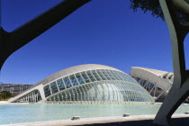 Spain, Valencia Province, Valencia, La Ciudad de las Artes y las Ciencias, City of Arts and Sciences, Palau de les Arts Reina Sofia, L'Hemisferic Imax Theatre Planetarium and Laserium.