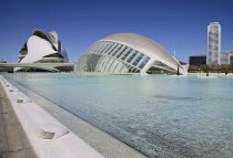 Spain, Valencia Province, Valencia, La Ciudad de las Artes y las Ciencias, City of Arts and Sciences, Palau de les Arts Reina Sofia, L'Hemisferic Imax Theatre Planetarium and Laserium.