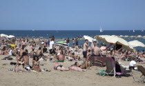 Spain, Catalonia, Barcelona, Playa de St Sebastia, Barceloneta Beach.