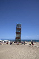 Spain, Catalonia, Barcelona, Playa de St Sebastia, Modern sculpture Homentage a la Barceloneta by Rebecca Horn.