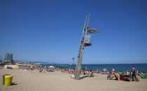 Spain, Catalonia, Barcelona, Playa de St Sebastia, Barceloneta Beach, Empty Lifeguard lookoput station.