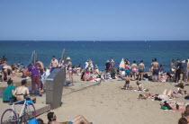 Spain, Catalonia, Barcelona, Playa de St Sebastia, Barceloneta Beach.