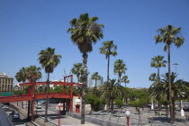 Spain, Catalonia, Barcelona, El Barri Gotic, Red pedestrian Bridge over Rhonda del Litoral.