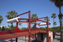 Spain, Catalonia, Barcelona, El Barri Gotic, Red pedestrian Bridge over Rhonda del Litoral.