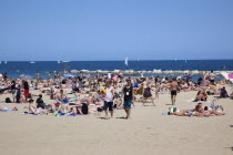 Spain, Catalonia, Barcelona, Playa de St Sebastia, Barceloneta Beach,
