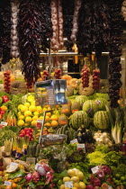 Spain, Catalonia, Barcelona, Interior of La Boqueria market on La Rambla.