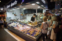 Spain, Catalonia, Barcelona, Interior of La Boqueria market on La Rambla.