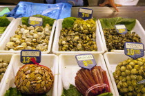 Spain, Catalonia, Barcelona, Interior of La Boqueria market on La Rambla.
