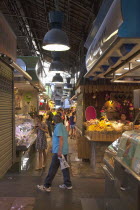 Spain, Catalonia, Barcelona, Interior of La Boqueria market on La Rambla.