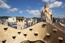 Spain, Catalonia, Barcelona, La Pedrera or Casa Mila on Passeig de Gracia, designed by Antoni Gaudi.