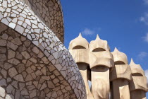 Spain, Catalonia, Barcelona, La Pedrera or Casa Mila on Passeig de Gracia, designed by Antoni Gaudi.