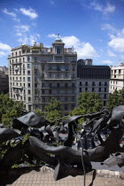 Spain, Catalonia, Barcelona, La Pedrera or Casa Mila on Passeig de Gracia, designed by Antoni Gaudi, apartment balcony with steel railing in shape of seeweed.