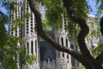 Spain, Catalonia, Barcelona, exterior of La Sagrada Familia, designed by Antoni Gaudi.