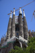 Spain, Catalonia, Barcelona, exterior of La Sagrada Familia, designed by Antoni Gaudi.