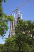 Spain, Catalonia, Barcelona, exterior of La Sagrada Familia, designed by Antoni Gaudi.