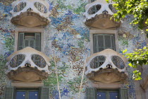 Spain, Catalonia, Barcelona, Exterior of Casa Batllo on Passeig de Gracia, designed by Antoni Gaudi.